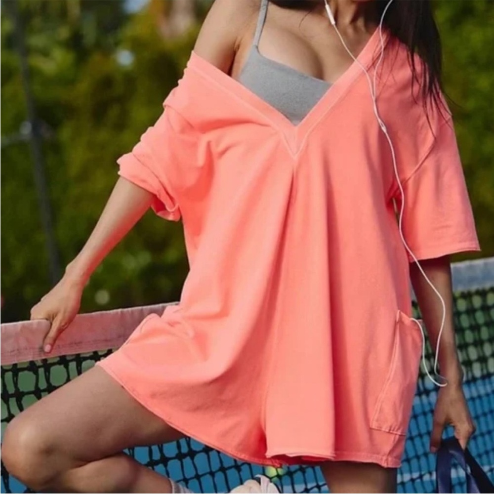 NWT Free People FP Movement Hot Shot Tee Romper, S, Neon Coral